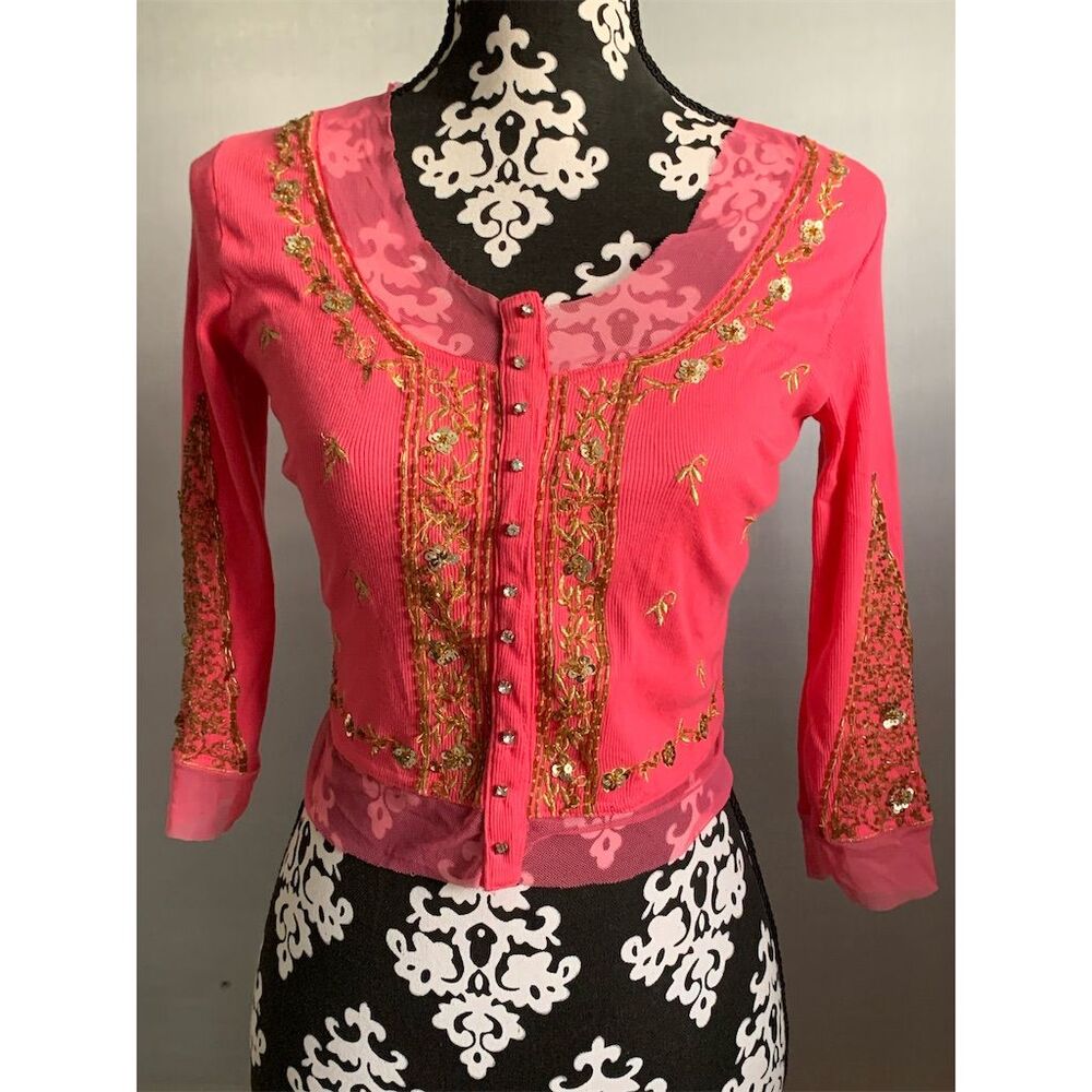 Basil & Maude XS Pink Embroidered Cardigan Gold‎ Details Sparkling Buttonsi